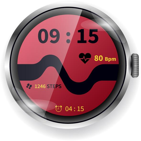 A round smart device with step count and heart rate in black or yellow on a red background